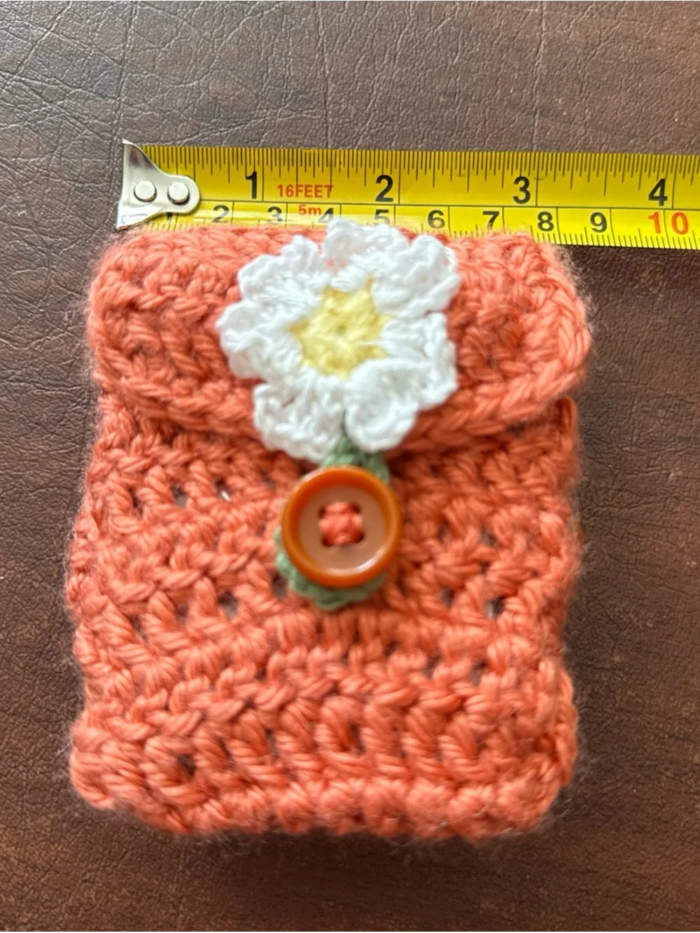 Brand New Hand Crocheted Wrist Pouch With Buttons; 4” x 3.25”/Coral